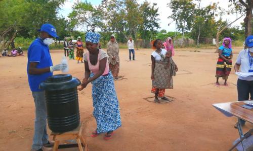 Shelter distribution for displaced families in Cabo Delgado, Mozambique incorporates social distancing, hand washing and other COVID-19 precautions.