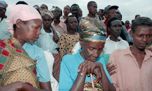A group of survivors of the 1994 Genocide against the Tutsi in Rwanda, shown in 1998.