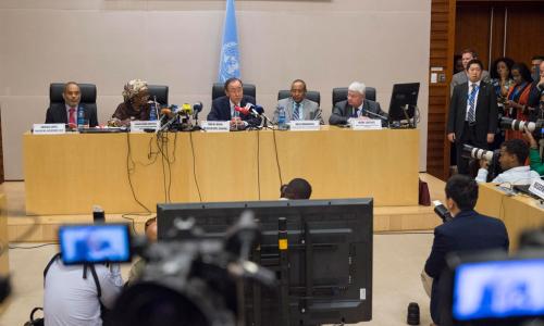 Secretary-General Ban Ki-moon holds press conference in Addis Ababa, Ethiopia, with Senior Advisors summing up activities as part of 26th African Union Summit. UN Photo/Eskinder Debebe
