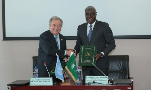 In Addis Ababa, Ethiopia, United Nations Secretary-General António Guterres and Moussa Faki, Chairperson of the African Union Commission, sign a Framework Agreement between the two organizations.