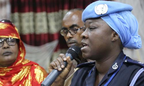 UN Police advisor, speaks during the Women Peace Forum held in Kismaayo, Somalia on 25 July 2018. The forum was organised by the Somali National Women Association (SNWA) and supported by the United Nations Assistance Mission Ethiopia. Credits: Phylis Osei