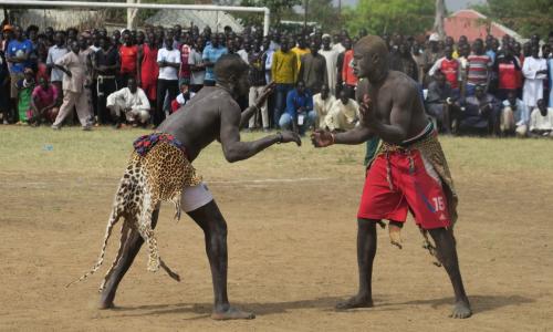 Two men wrestling