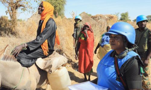 UNAMID peacekeepers provide protection to local women in Aurokuom village, Zalingei, Central Darfur.