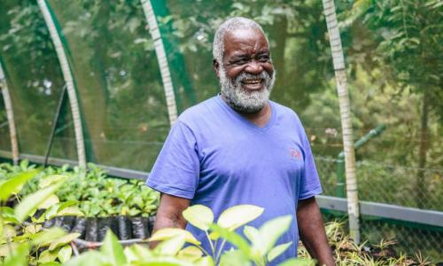 Victorin Laboudallon provides a tour of his tree nursery.