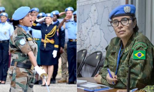 Washindi wa tuzo ya masuala ya jinsia ya Un mwaka 2020, Meja Suman Gawani (Kushoto) wa jeshi la India aliyetumika awali UNMISS na kamanda Carla Monteiro de Castro Araujo, afisa wa jeshi la anga la Brazil ambaye sasa anafanyakazi na MINUSCA