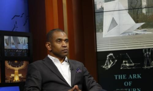 Rodney Leon, Architect of the "Ark of Return", the UN Permanent Memorial honouring slavery's victims. Image in the background  is a sketch of the monument courtesy of Rodney Leon Architects.