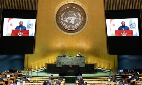 President Evariste Ndayishimiye (on screen) of Burundi addresses the general debate of the ...