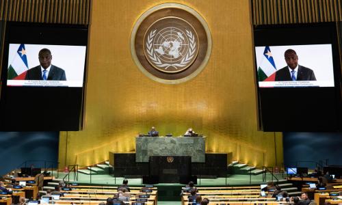 Faustin Archange Touadera (on screen) of the Central African Republic addresses the general ...