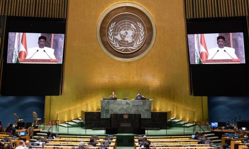 President Mahamadou Issoufou (on screen) of Niger addresses the general debate of the General ...