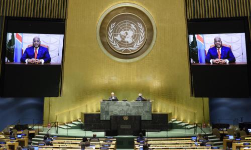 President Félix Antoine Tshilombo Tshisekedi (on screen) of Democratic Republic of the Congo ...