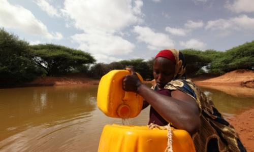 A woman drawing water from a man-made pond in drought-stricken Somali.  Photo: UNDP Somalia