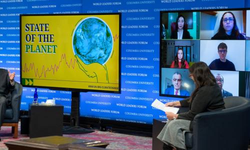 Secretary-General António Guterres (left) discusses the State of the Planet with Professor Maureen R
