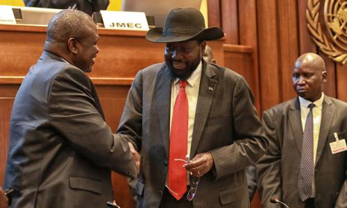 President Salva Kiir (right) of South Sudan with leader Riek Machar.