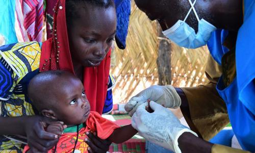 A baby is tested for malaria in a village in Chad.