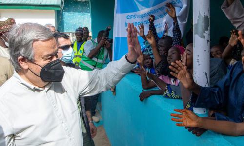 UN Secretary-General António Guterres meets children at Bulumkutu Interim Care Centre in Maiduguri