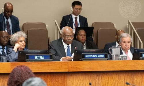 UN Secretary-General António Guterres (right) and UN General Assembly President Philémon Yang (centre) participate in the High-Level Political Dialogue on Reparatory Justice during the Africa Dialogue Series 2025 at UN Headquarters in New York.