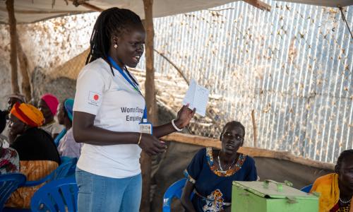 Members of a Village Savings and Loans Association in Rubkona, South Sudan. Through partners, Women Vision, UN Women South Sudan is empowering the women of Rubkona IDP camp through the VSLAs, enabling them to engage in productive businesses in the wake of COVID-19.