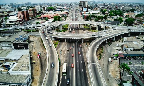 Aerial View of Flyover Roads and Highways in District Autonome d'Abidjan, Côte d'Ivoire.
