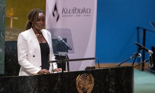 Germaine Tuyisenge Müller, Global Health Researcher, Author, Educator and Survivor, speaks during the 31st commemoration of the 1994 Genocide against the Tutsi in Rwanda on the International Day of Reflection on the Genocide against the Tutsi in Rwanda at UNHQ, in New York.