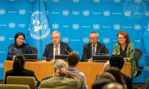 Secretary-General António Guterres (centre left) briefs reporters on the launch of the Sustainable Development Goals Report 2025. With him are Deputy Secretary-General Amina Mohammed (left) and Li Junhua (centre right), Under-Secretary-General for Economic and Social Affairs, and Bjørg Sandkjær, Assistant Secretary-General for Policy Coordination in the Department of Economic and Social Affairs.