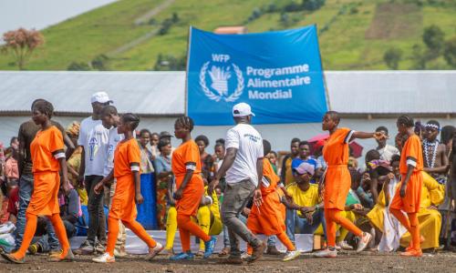 Residents of the Bulengo camp for displaced people in North Kivu, in DRC, take part in a football festival on 6 January, organized by the Confederation of African Football to which WFP provides logistical support. Photo: WFP/Michael Castofas