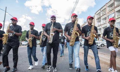 Musicians perform on the streets of Maputo, Mozambique, on International Jazz Day 2019. Photo: Mauro Vombe