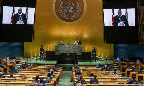 President Uhuru Kenyatta (on screens) of Kenya addresses the general debate of the UN General ...