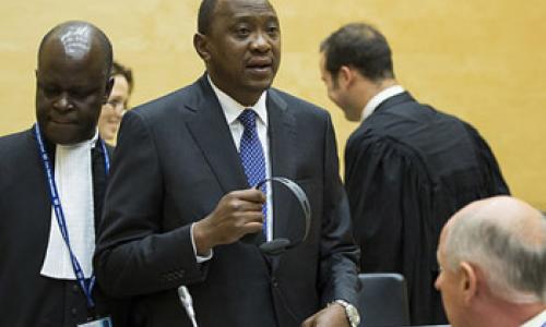 Uhuru Muigai Kenyatta at the Status conference on 8 October 2014. The Hague, Trial Chamber V(b) of the International Criminal Court (ICC) held two status conferences in the case The Prosecutor v. Uhuru Muigai Kenyatta at the seat of the Court in The Hague