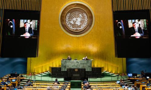 Faiez Mustafa Serraj (on screen), President of the Presidency Council of the Government of ...