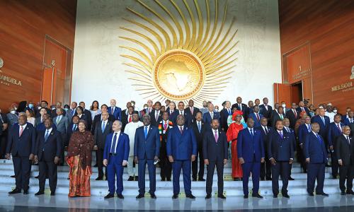 A large group of African leaders on stage at the AU Assembly of the Union in February 2022.