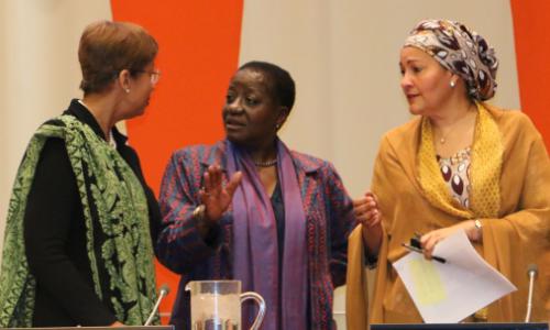 United Nations Deputy Secretary-General Ms. Amina Mohammed (right), the UN Under-Secretary-General and Special Adviser on Africa Ms. Bience Gawanas (middle) and Ms. Inga R. King, the 74th President of the United Nations Economic and Social Council (left)
