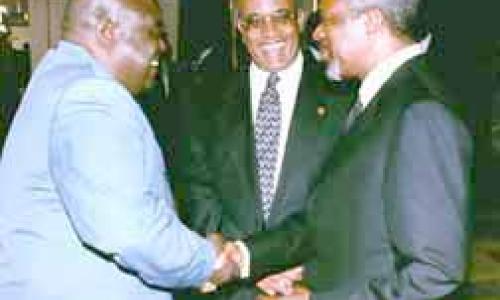 Focus on human rights: Mr. Annan with President Kabila (far left) and OAU Secretary-General Salim Salim