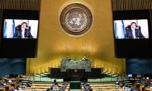 President Mohamed Abdullahi Mohamed Farmajo (on screen) of Somalia addresses the general debate...