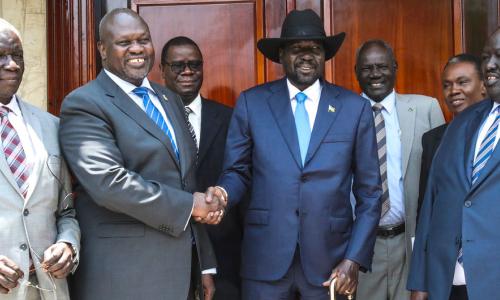 South Sudan’s President Salva Kiir and opposition leader Dr. Riek Machar and others meeting in Juba.