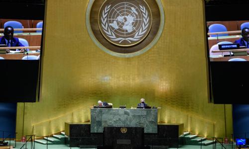 Ambassador Kennedy Godfrey Gastorn (on screen) of Tanzania addresses the general debate of the ...
