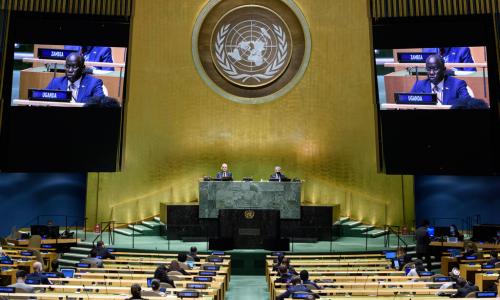 Philip Ochen Odida (on screen), Deputy Permanent Representative of Uganda, addresses the general ...