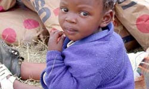 Child sitting amidst sacks of relief grain in Lesotho: Emergency aid is vital, but “just shipping in food is not enough,” says UN Secretary-General Kofi Annan: Poverty and other causes of famine must also be addressed.  Photograph: WFP / R. Lee